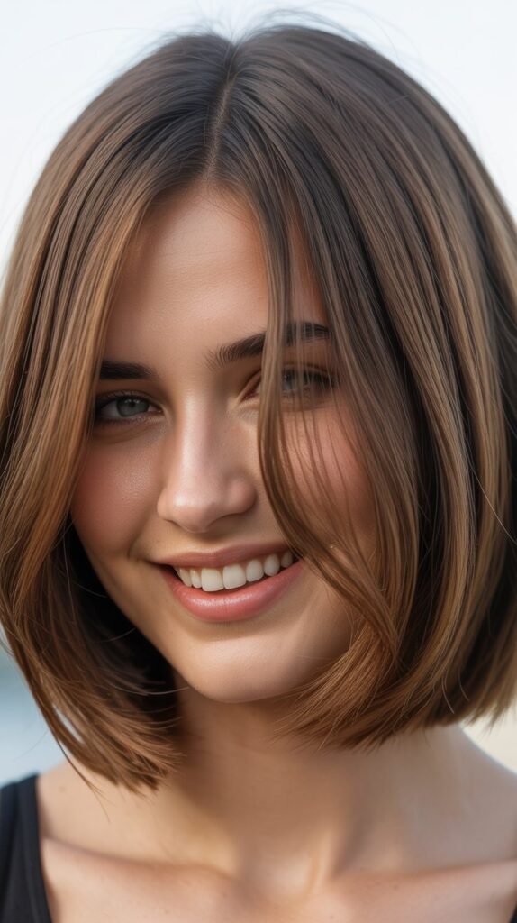 Asymmetrical Long Bob with Side-Swept Curtain Bangs