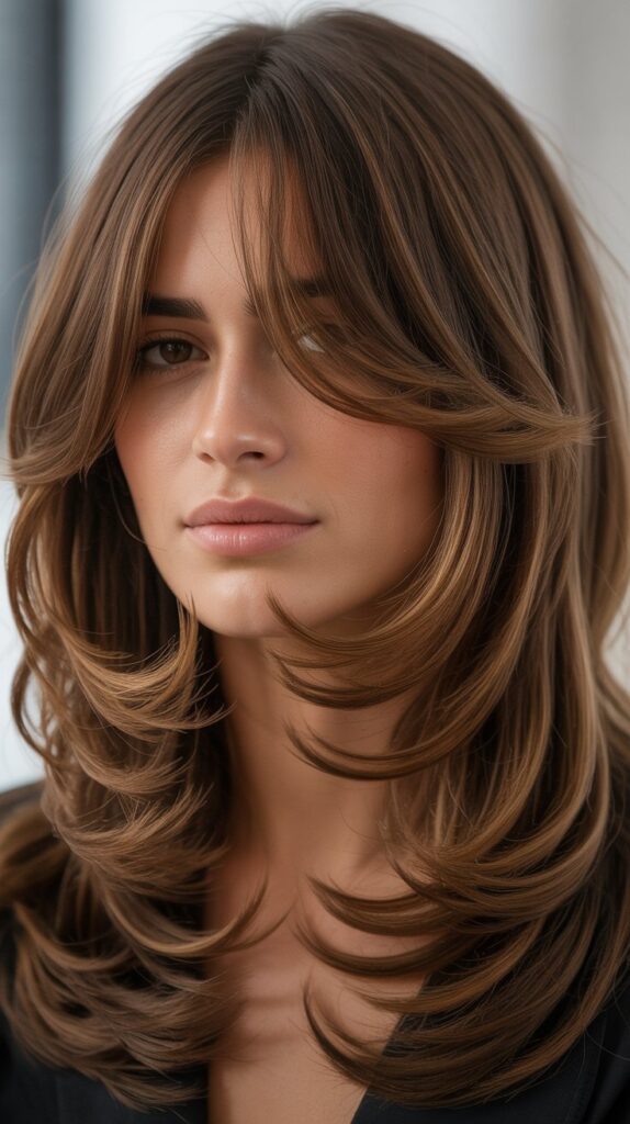 30 Caramel Highlights on Layered Brown Hair 13 Caramel Highlights with Curtain Bangs