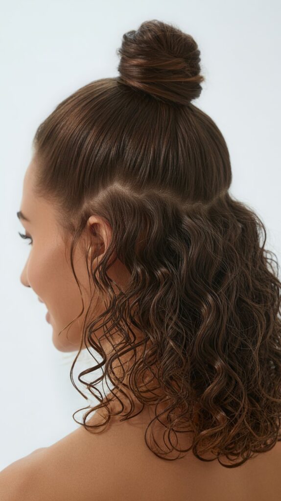 33 Modern Half Up Half Down Curly Hair Ideas That Will Turn Heads on Any Occasion 3 Sleek Top Knot Half Up