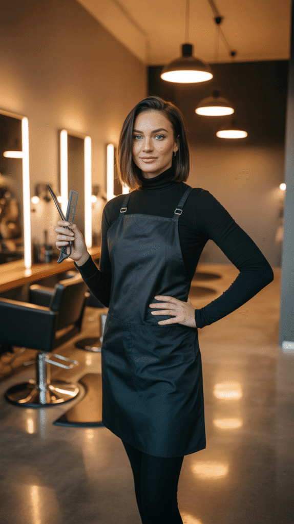 28 Cozy Hairstylist Outfits for Work in Fall 1 Classic Black Apron Dress with Turtleneck