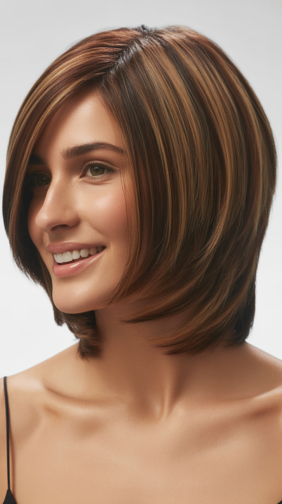 Inverted Bob with Stacked Layers and Deep Side Part