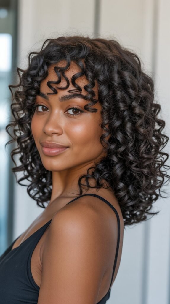 Curly Long Bob with Spiral Curtain Bangs