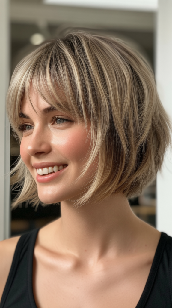 Choppy Bob with Layered Crown and Wispy Fringe