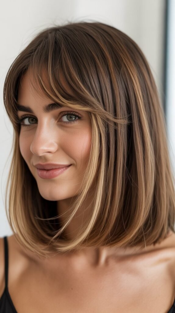 Long Bob with Wispy Curtain Bangs and Highlights