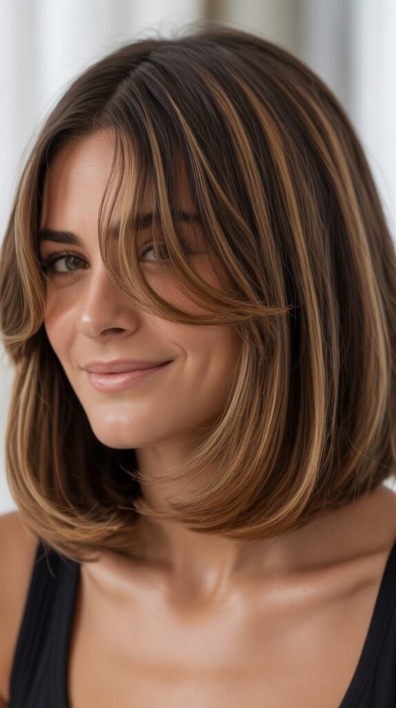  Long Bob with Curtain Bangs and Caramel Highlights