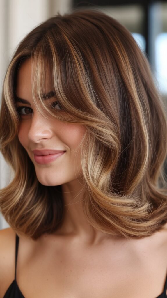 Balayage Long Bob with Dimensional Curtain Bangs