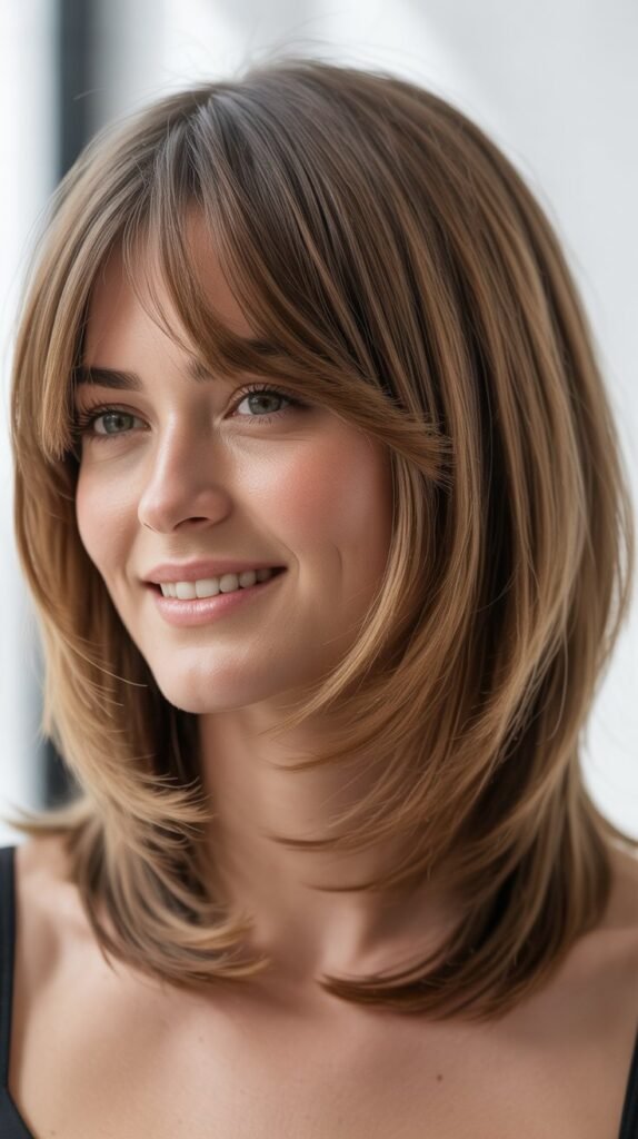 Layered Long Bob with Wispy Curtain Bangs for Fine Hair