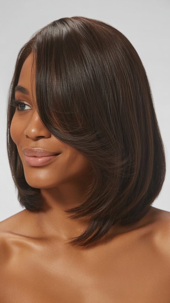 Asymmetrical Long Bob with Side-Swept Curtain Bangs