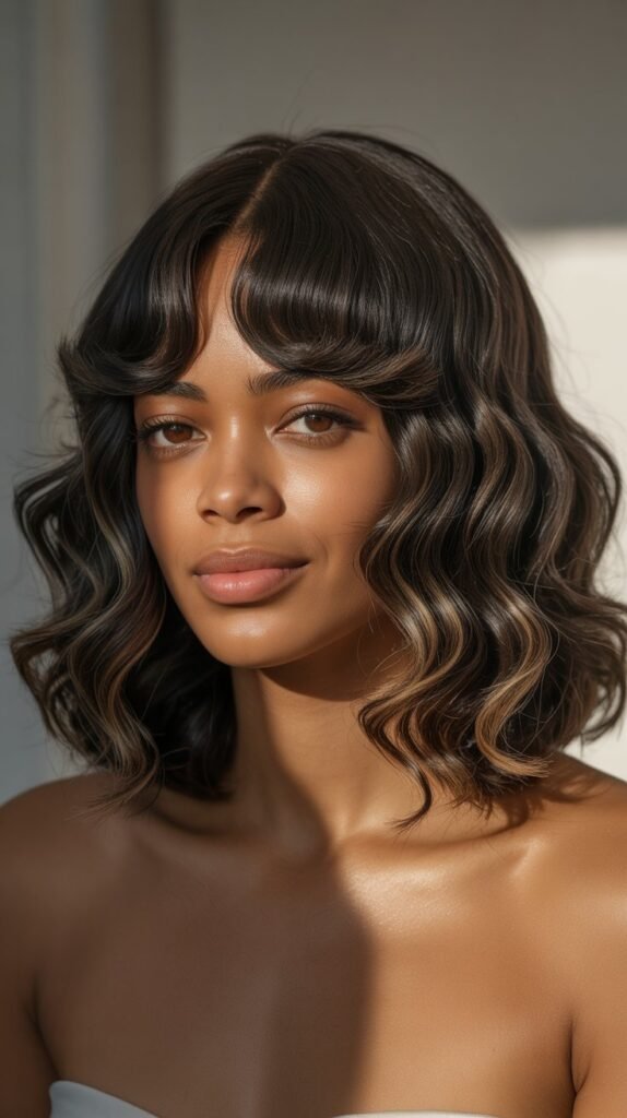 Wavy Long Bob with Retro Curtain Bangs