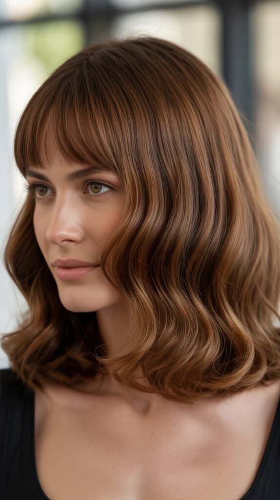 Long Bob with Curtain Bangs and Spiral Waves
