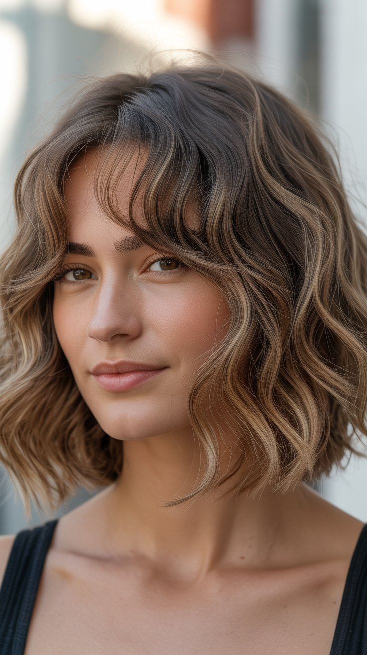 Textured Beach Waves Long Bob with Curtain Bangs