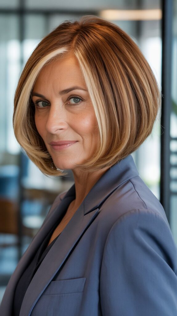 Top 32+ Short Hairstyles for Round Face Thin Hair Over 50 14 Angled Bob with Highlights