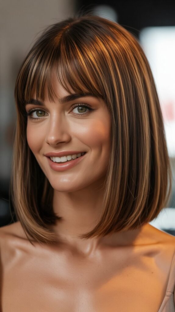 Polished Long Bob with Curtain Bangs and Face-Framing Layers