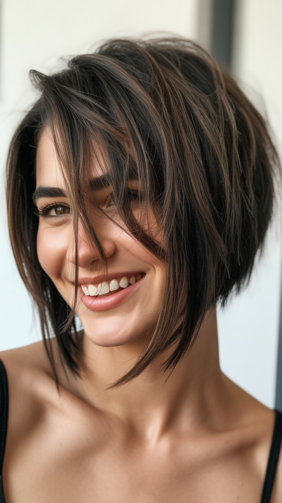 Asymmetrical Choppy Bob with Side Part