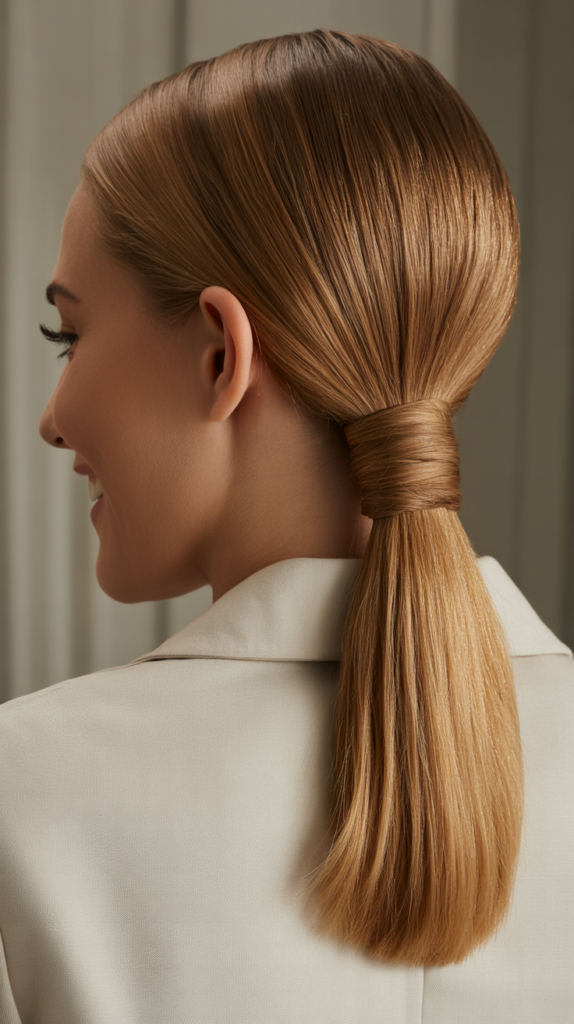 Low Straight Ponytail with Wrapped Section