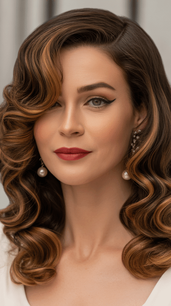 25 Beautiful Brown Wig with Caramel Highlights 25 Brown Wig with Caramel Highlights in Glamorous Hollywood Waves