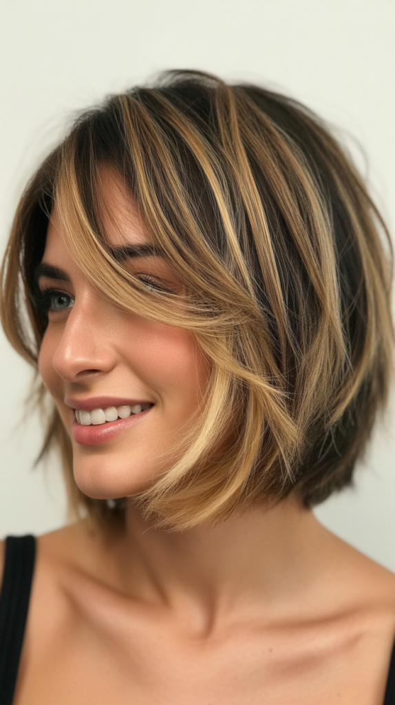 Textured Choppy Lob with Honey Blonde Highlights