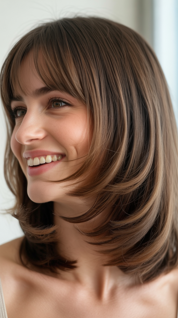 Long Bob with Graduated Layers and Curtain Bangs for Fine Hair