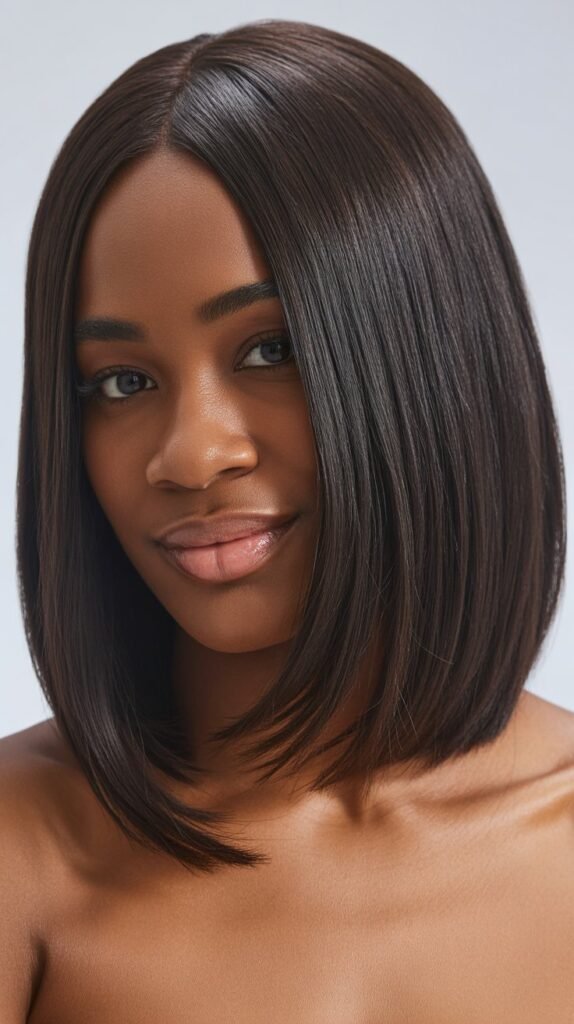 Sleek Long Bob with Diagonal Curtain Bangs