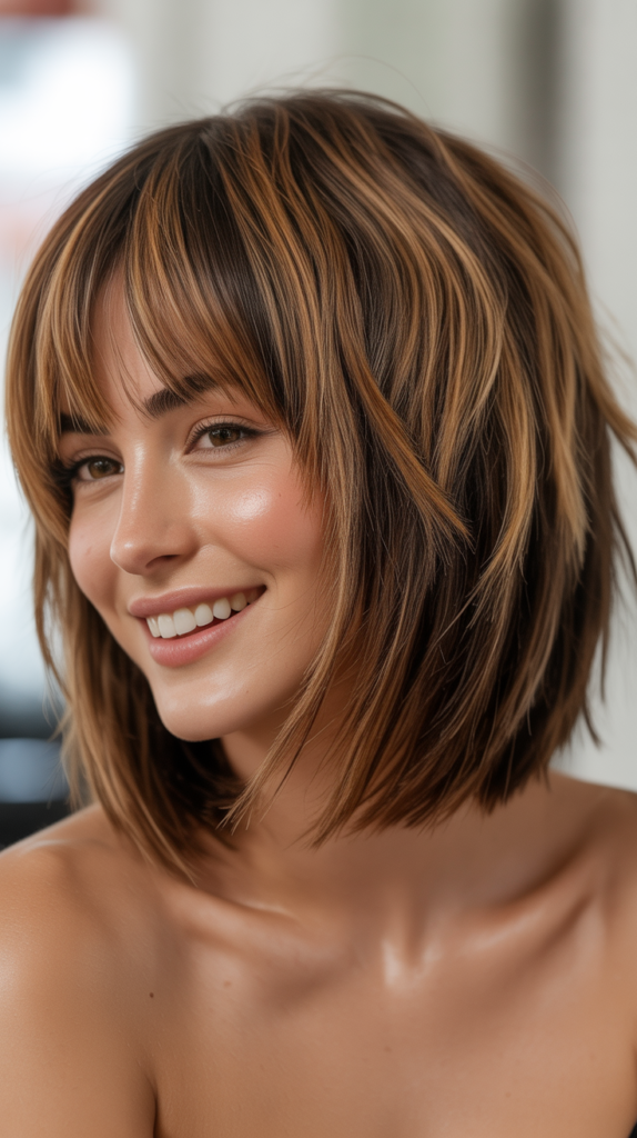 Choppy Bob with Angled Bangs and Highlights