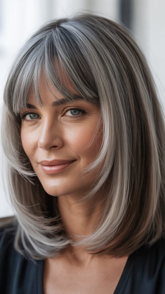 Long Bob with Curtain Bangs and Natural Gray