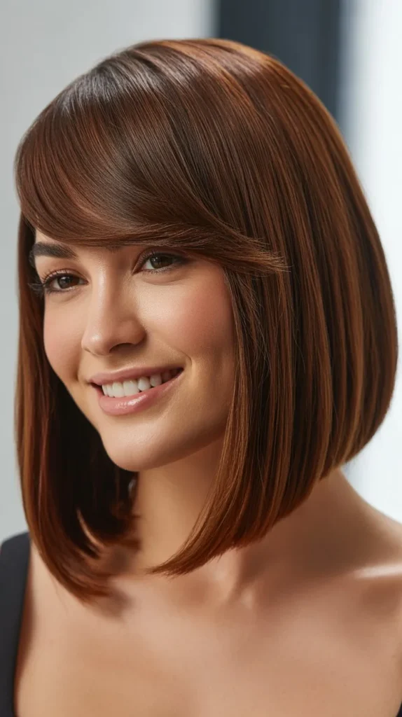 Sleek Asymmetrical Lob with Side-Swept Bangs