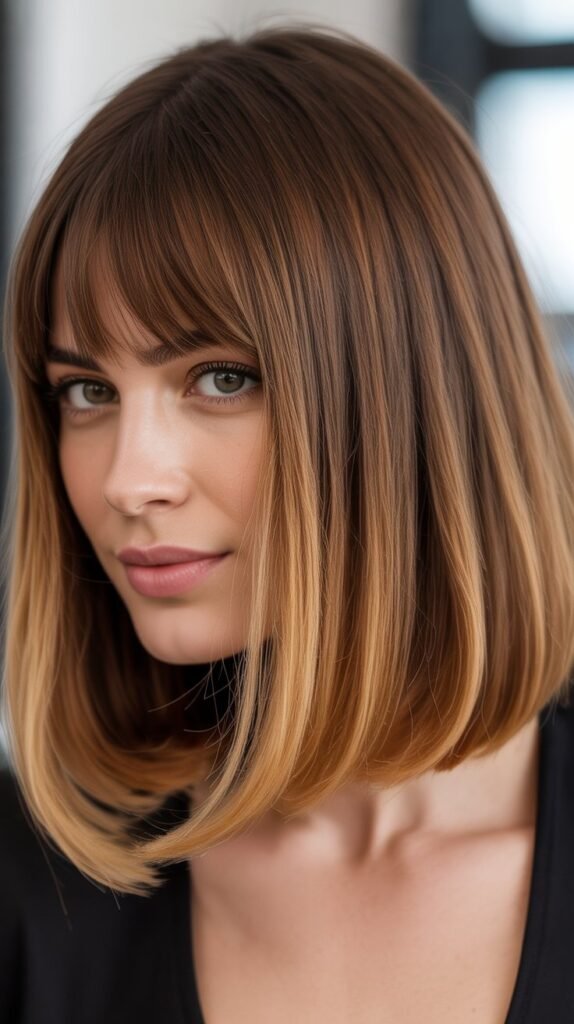 Long Bob with Curtain Bangs and Ombre Color