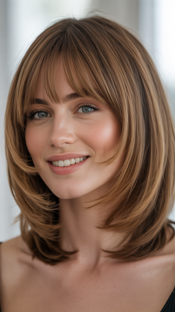 Long Bob with Layered Softness and Curtain Bangs for Heart Faces