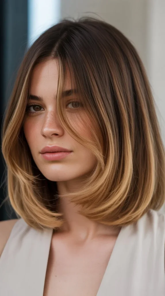  Long Bob with Curtain Bangs and Ombré Color