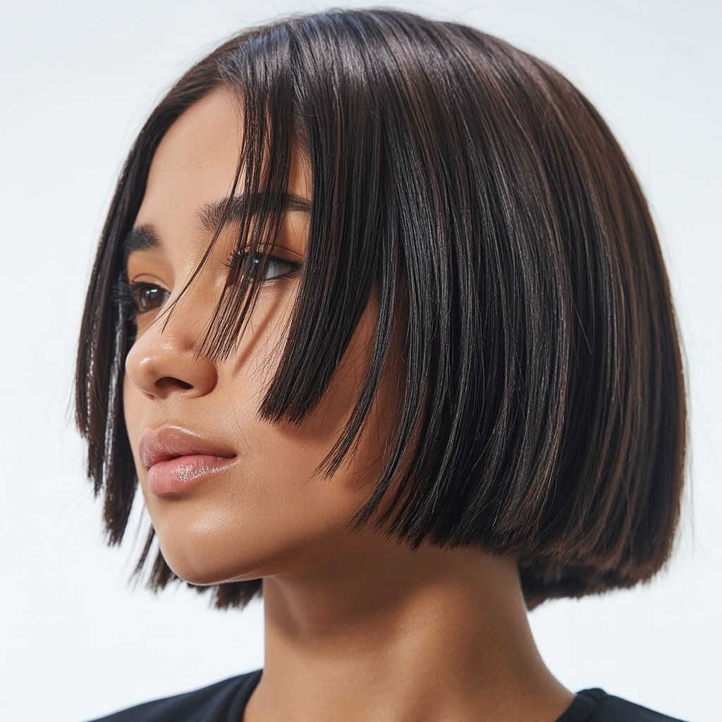 27+ Expert-Approved Hairstyles for Thin Hair and Round Faces 24 Blunt Midi with Face-Framing Angles