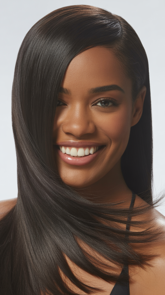 Side Swept Straight Hair with Deep Part