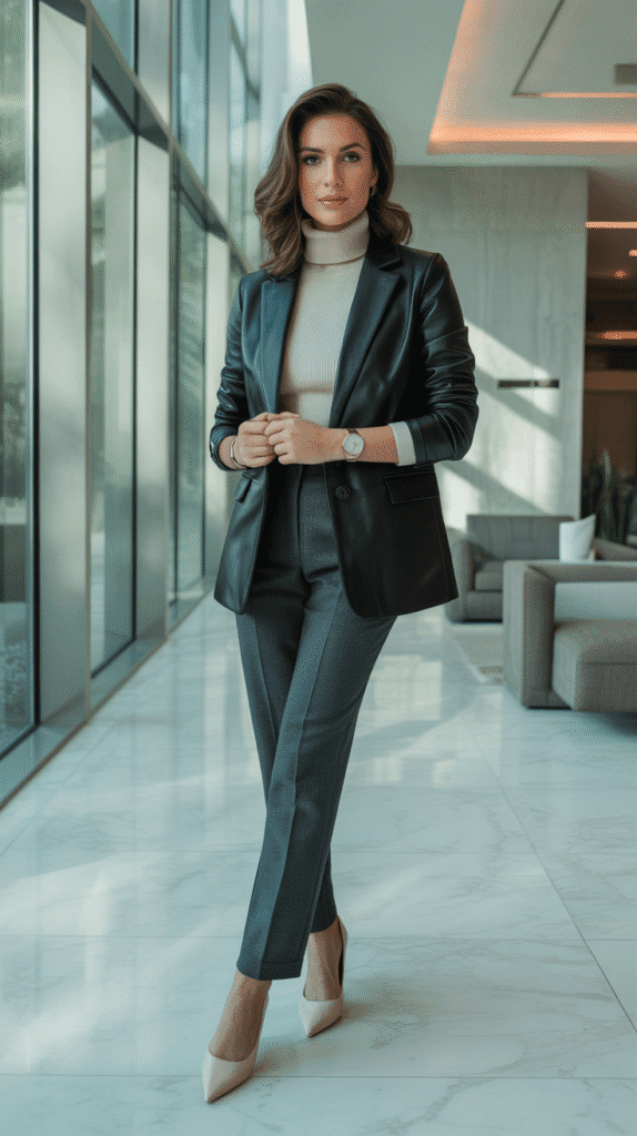  Leather Blazer with Turtleneck and Trousers