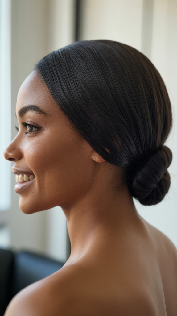 Sleek Low Bun with Straight Front