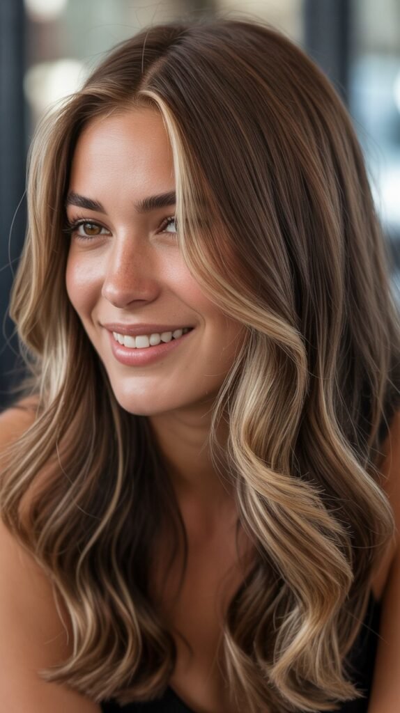Espresso Brown with Face-Framing Balayage and Bright Money Piece