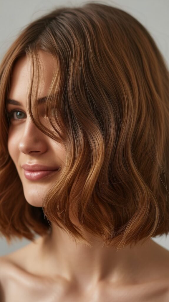 Classic Shoulder-Length Wavy Bob with Soft Curtain Bangs