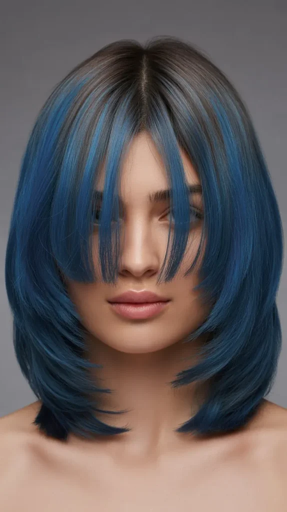 Long Bob with Curtain Bangs and Bold Color