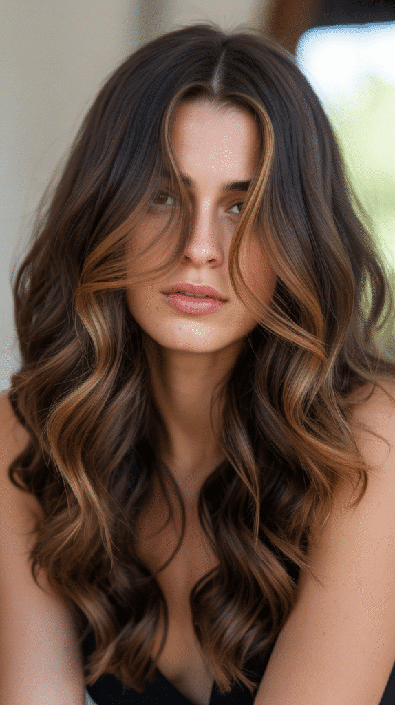 Face-Framing Caramel Highlights for Dark Brown Waves