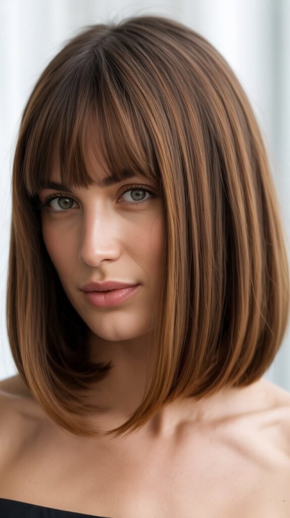 Classic Blunt Long Bob with Soft Curtain Bangs