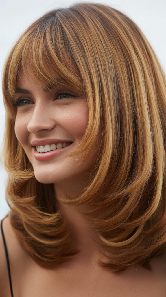 Long Bob with Curtain Bangs and Lived-In Color