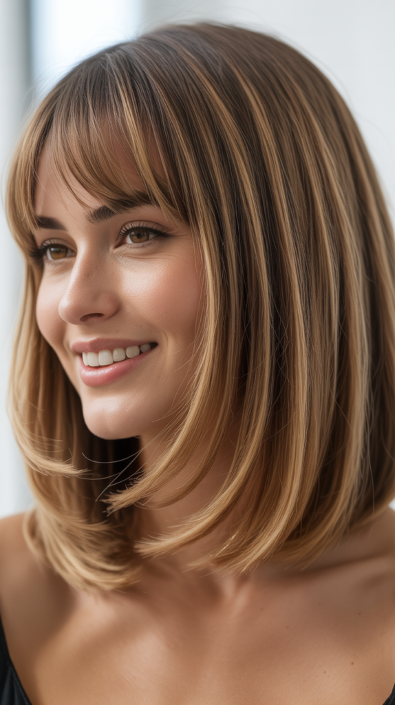 Long Bob with Curtain Bangs and Money Pieces