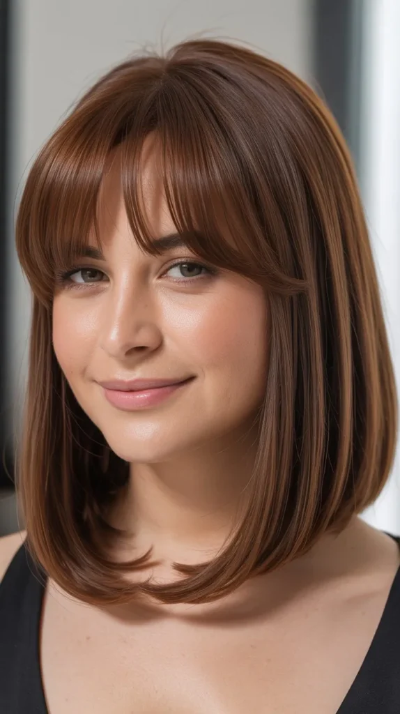 Long Bob with Curtain Bangs for Round Faces