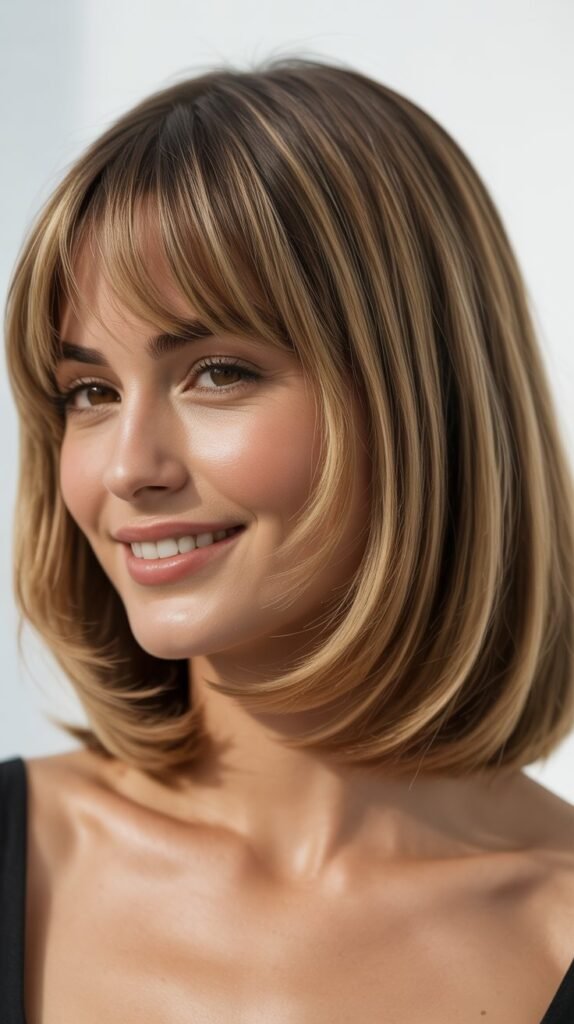Classic Textured Long Bob with Soft Curtain Bangs