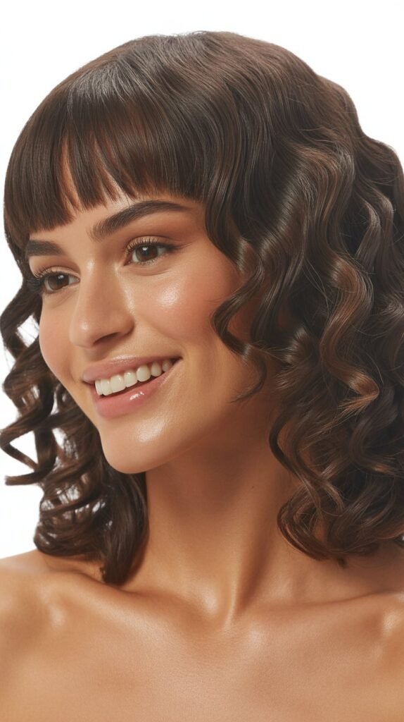 Sleek Curly Lob with Polished Curtain Bangs