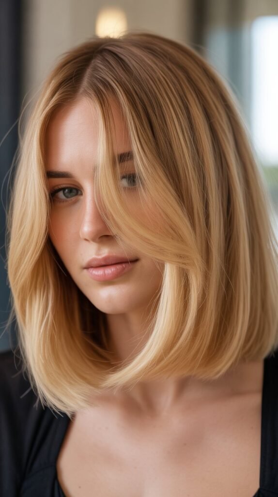 Biscotti Blonde Long Bob with Wispy Curtain Bangs