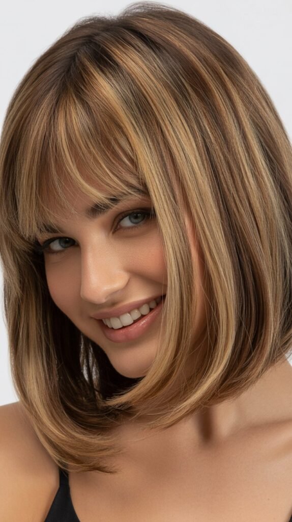 Long Bob with Curtain Bangs and Highlights