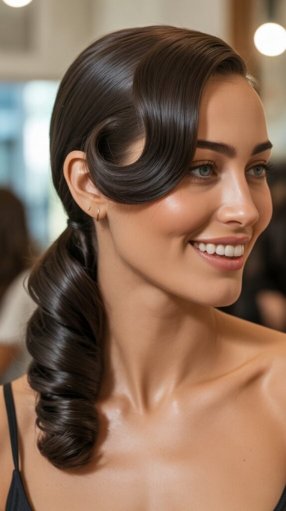 Sleek Curly Low Ponytail with Side Part