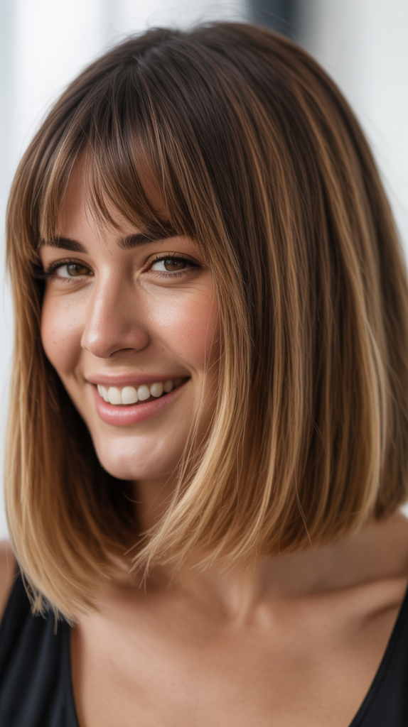 Long Bob with Curtain Bangs and Natural Root Growth