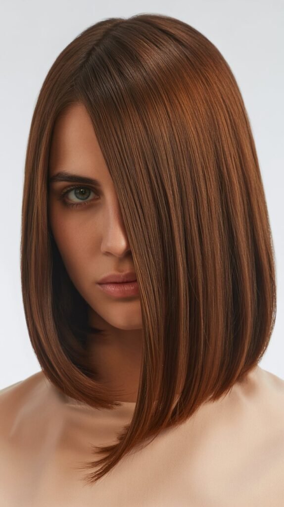 Straight Long Bob with Deep Side Part and Curtain Bangs