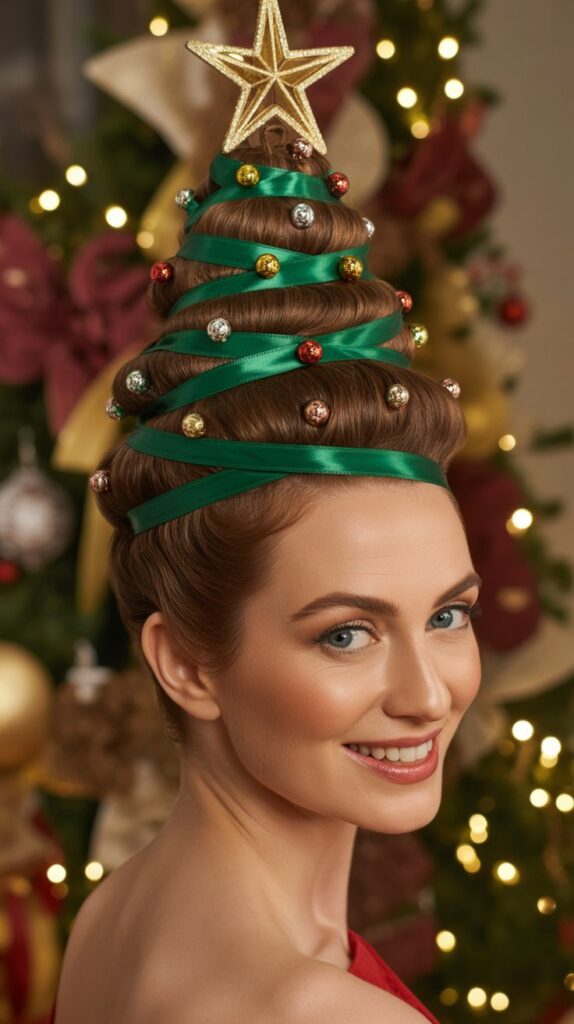 27 Stunning Christmas Tree Hairstyles to Shine Bright at Any Party 1 Classic Christmas Tree Bun