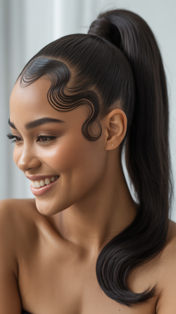 Straight Ponytail with Finger Wave Detail
